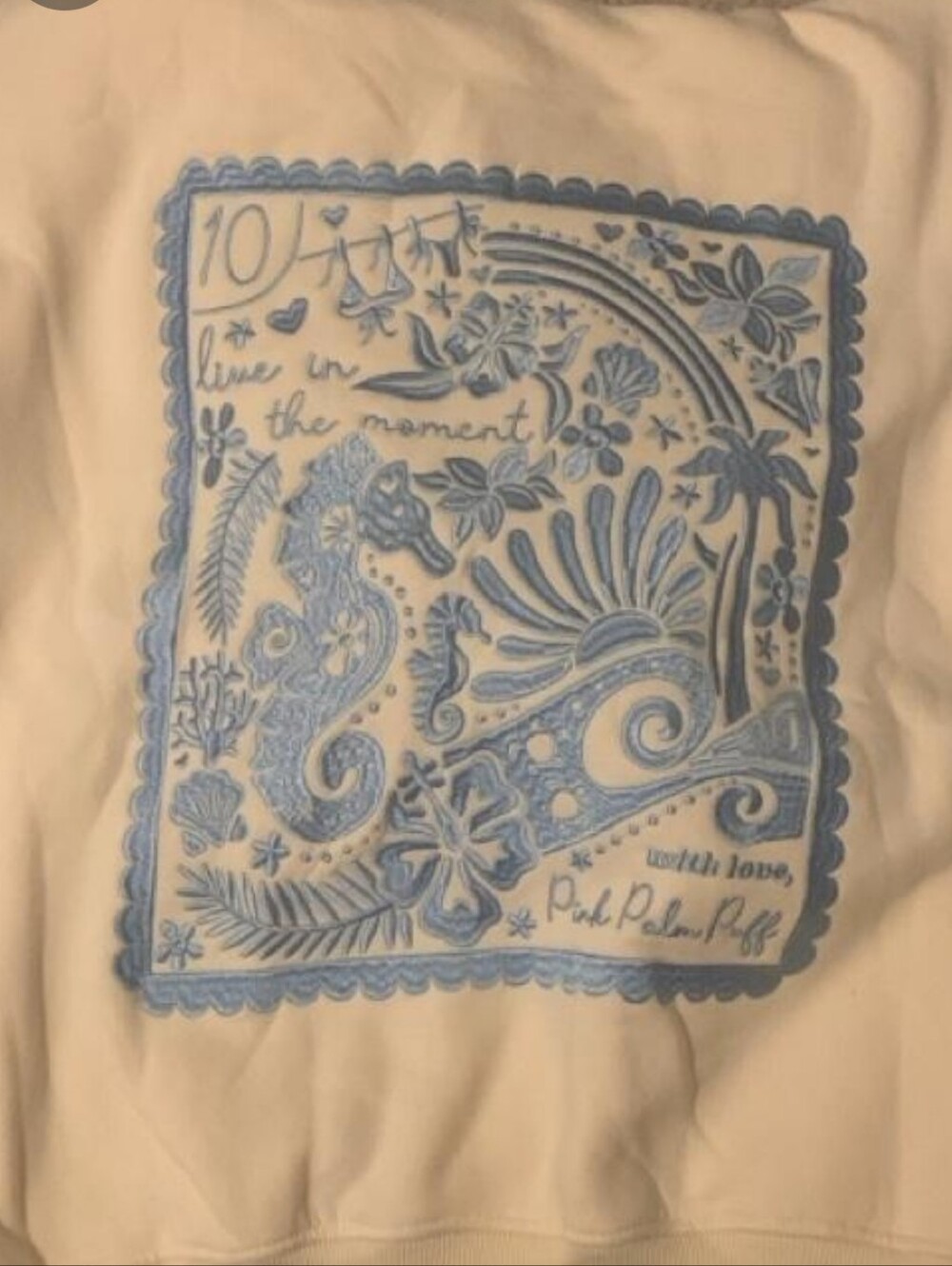 New Pink Palm Puff Blue Embroidered Seascape Sweatshirt